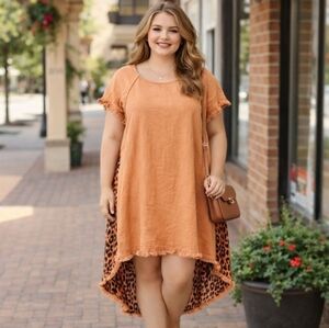 Umgee Animal Print Hi-Lo Dress L Rust Linen Raw Edge Boho Curvy Flowy Chic Shift